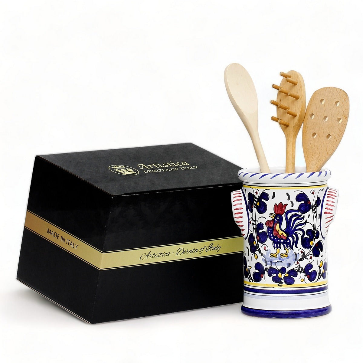GIFT BOX: With authentic Deruta hand painted ceramic - ORVIETO BLUE ROOSTER: UTENSIL HOLDER