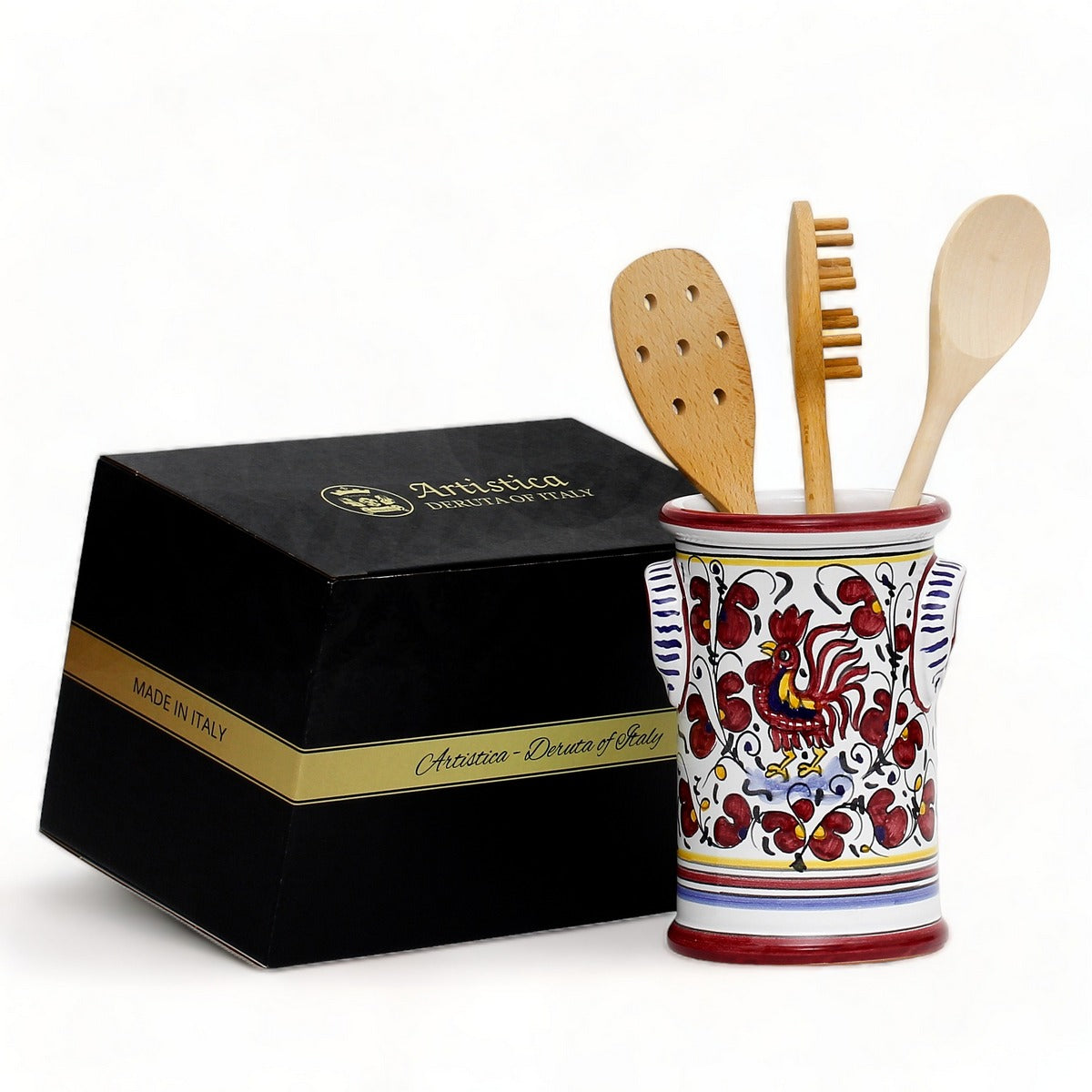 GIFT BOX: With authentic Deruta hand painted ceramic - ORVIETO RED ROOSTER: UTENSIL HOLDER