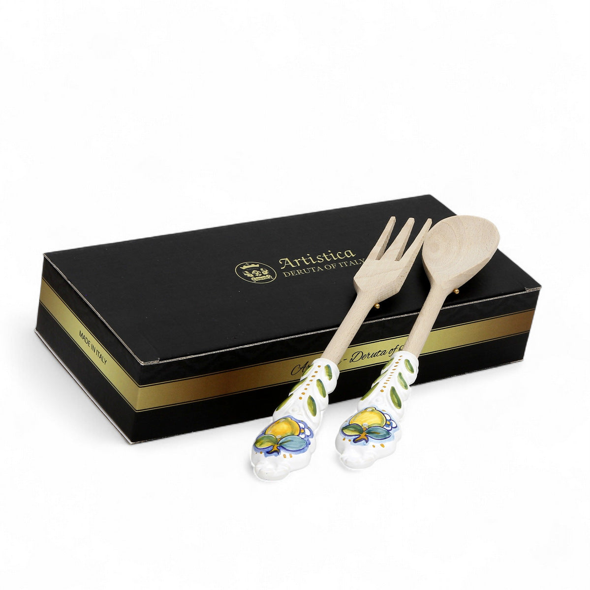 UTENSIL SET: RICCO DERUTA Design - Hard Wood with Hand Painted Ceramic Handle (Pair Set)