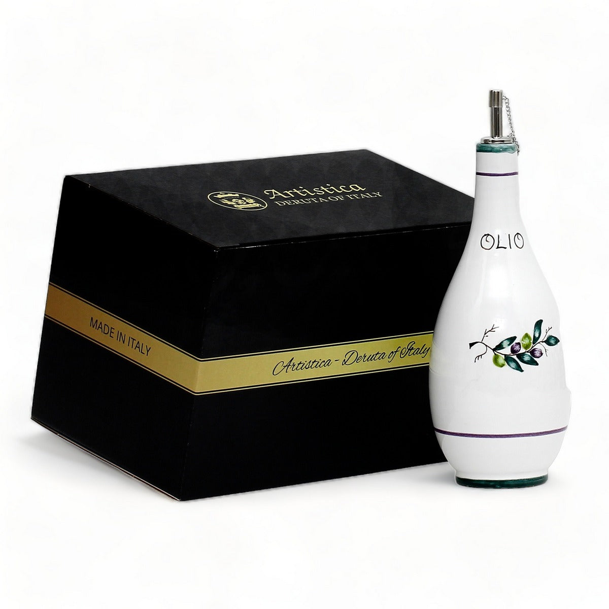 GIFT BOX: With authentic Deruta hand painted ceramic - OLIVE OIL DISPENSER BOTTLE WITH OLIVA DESIGN
