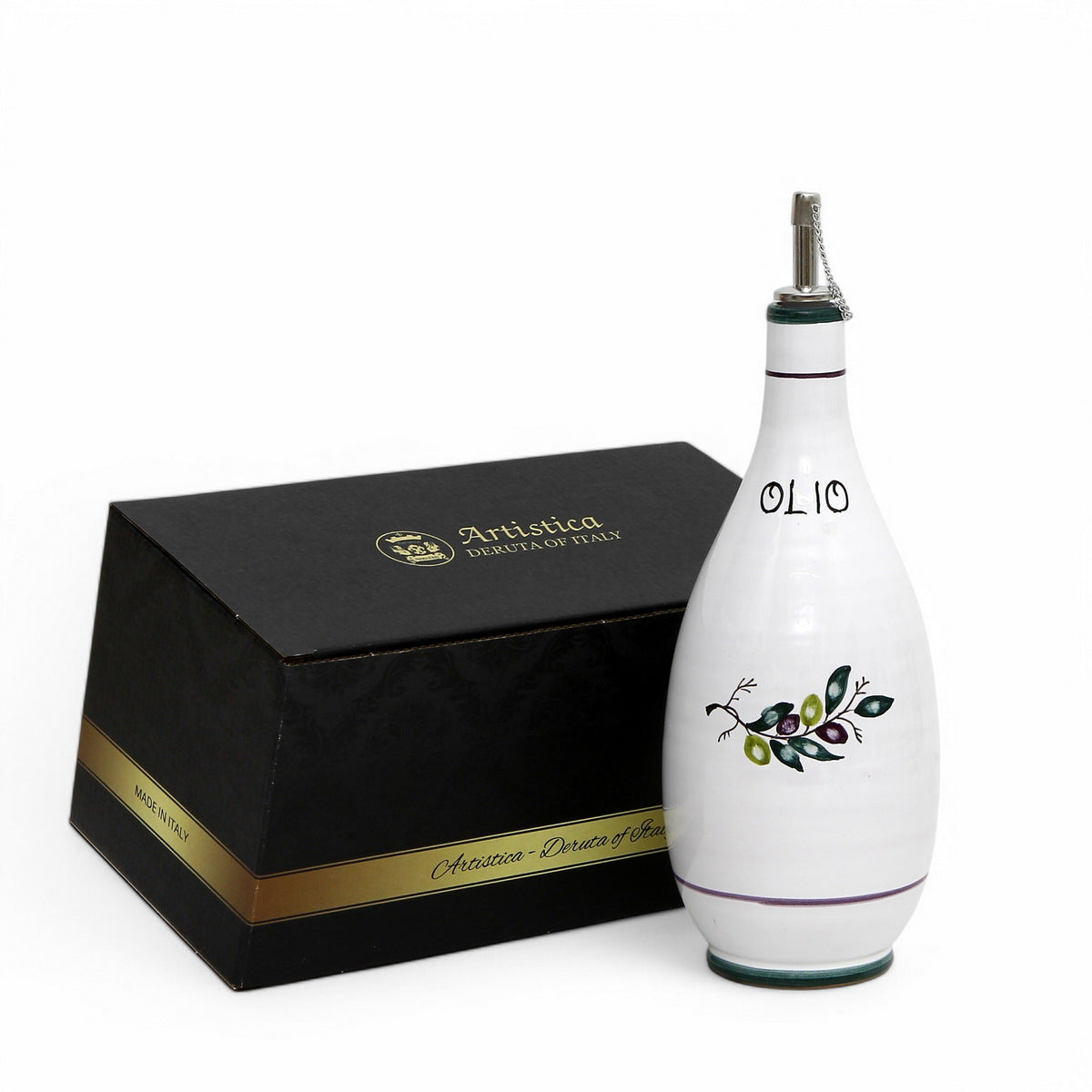 GIFT BOX: With authentic Deruta hand painted ceramic - OLIVE OIL DISPENSER BOTTLE WITH OLIVA DESIGN