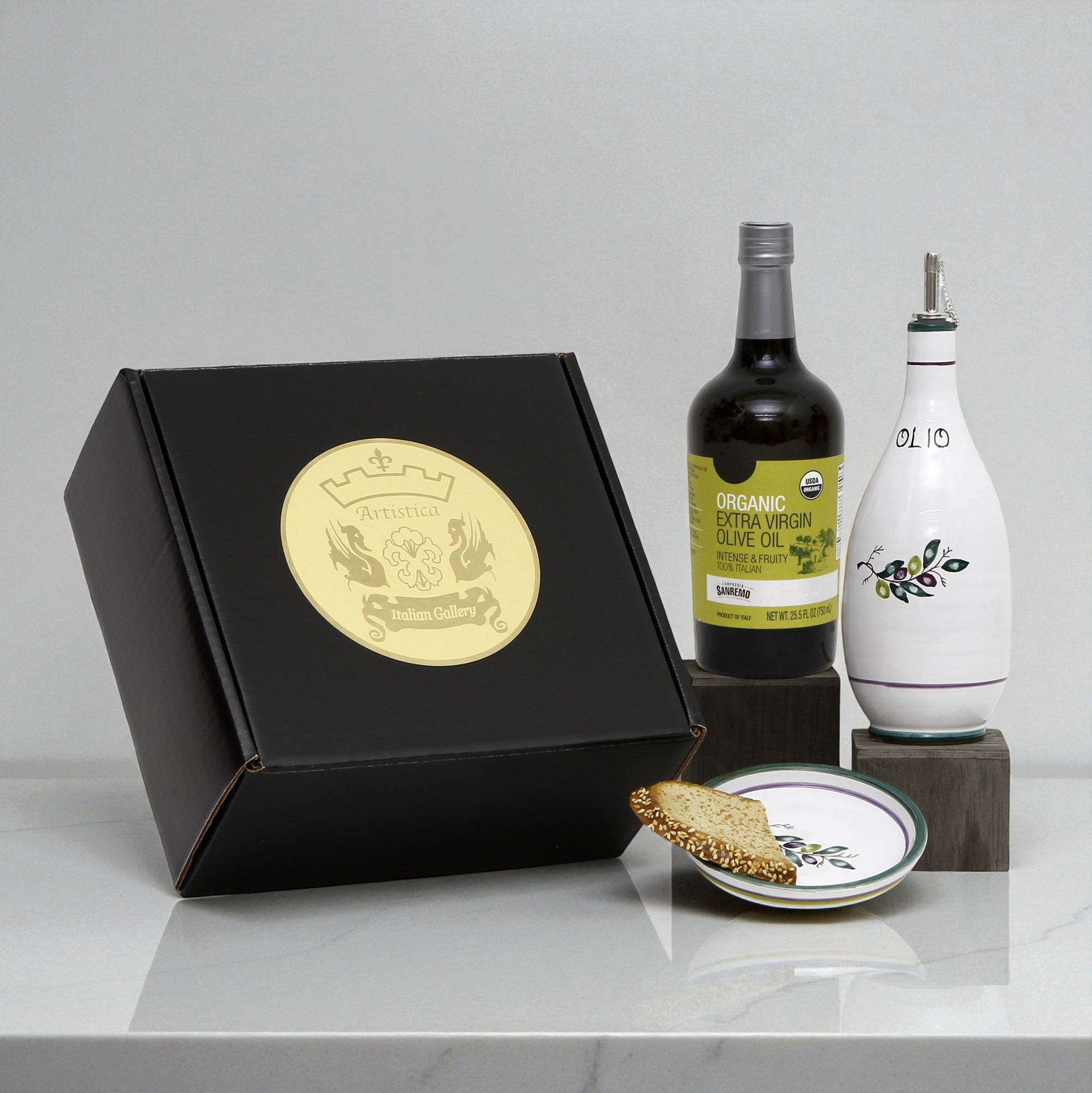 GIFT BOX: With Deruta Olive Oil Dispenser + Saucer/Dipping Bowl + EVOO bottle - OLIVE design