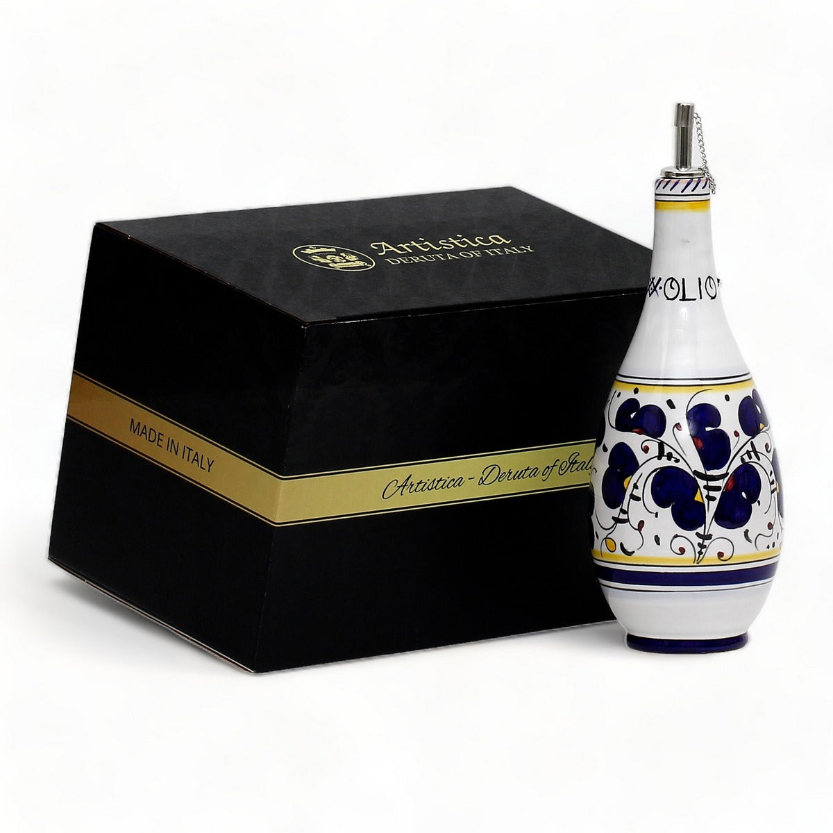 GIFT BOX: With authentic Deruta hand painted ceramic - OLIVE OIL DISPENSER BOTTLE Blue Rooster Design