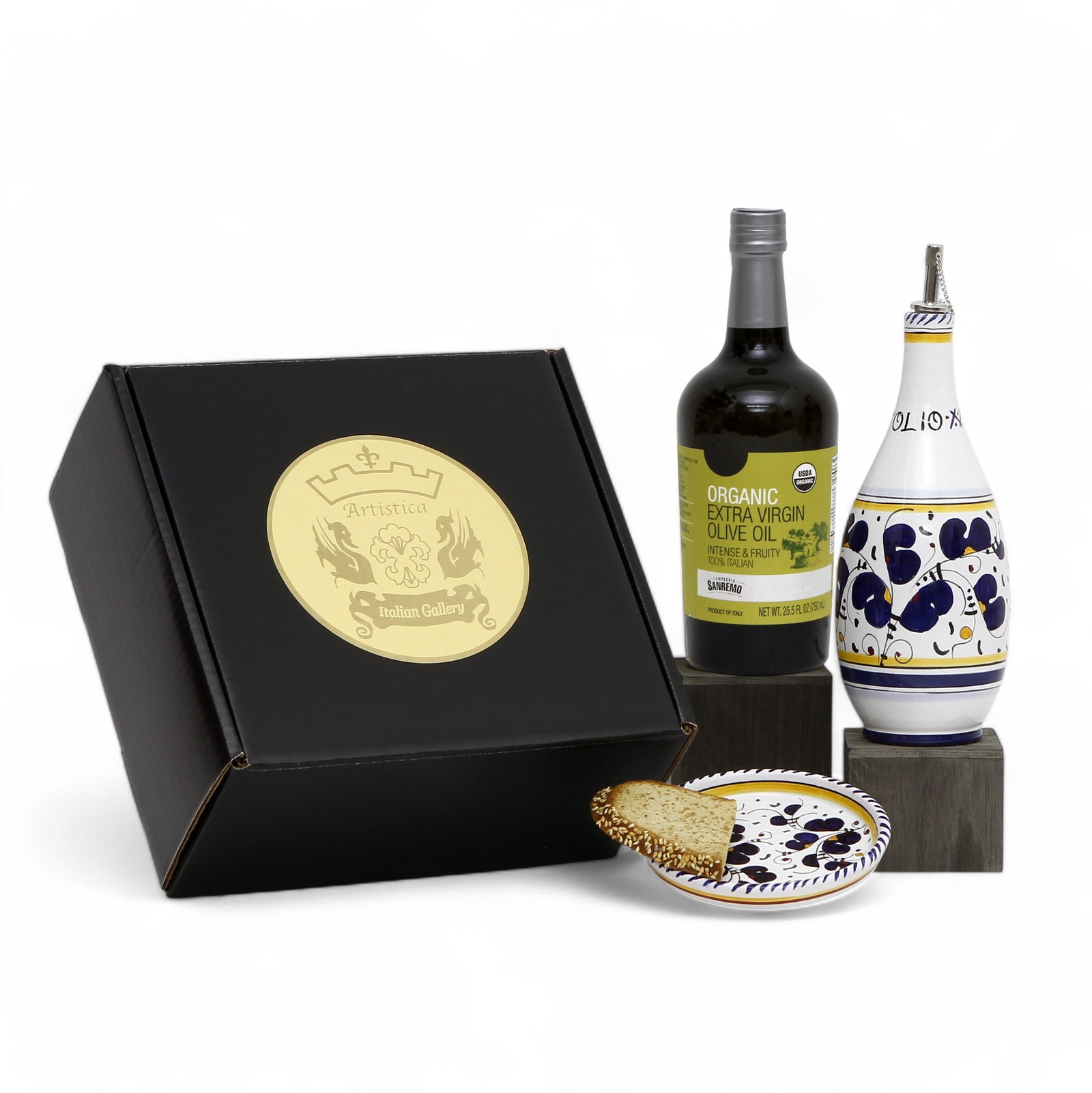 GIFT BOX: With Deruta Olive Oil Dispenser + Saucer/Dipping Bowl + EVOO bottle - ORVIETO BLUE  design