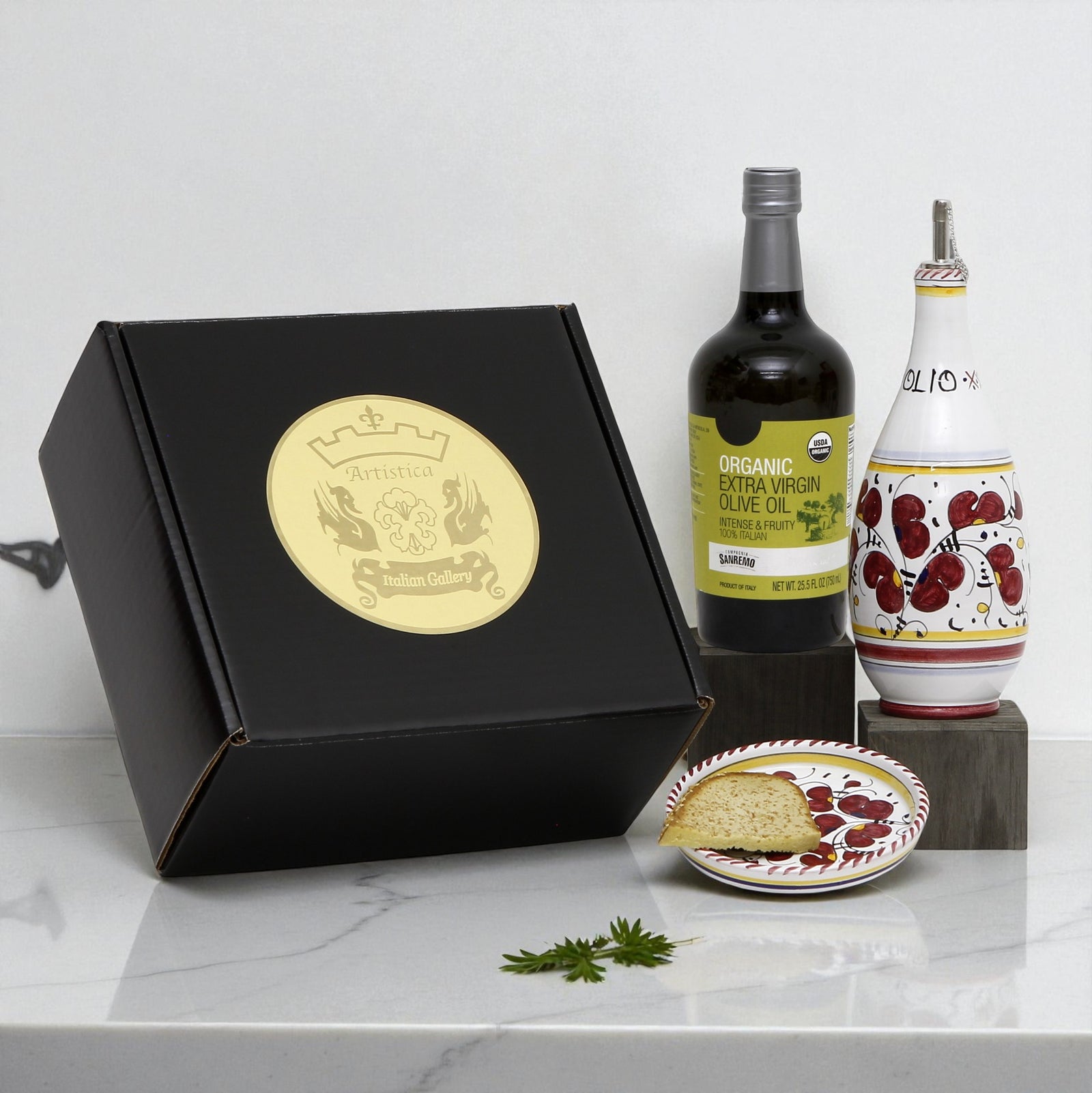 GIFT BOX: With Deruta Olive Oil Dispenser + Saucer/Dipping Bowl + EVOO bottle - ORVIETO RED  design