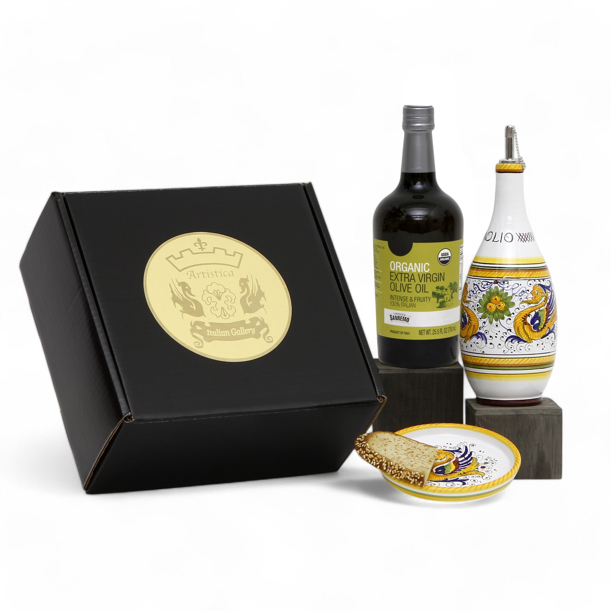 GIFT BOX: With Deruta Olive Oil Dispenser + Saucer/Dipping Bowl + EVOO bottle - RAFFAELLESCO design