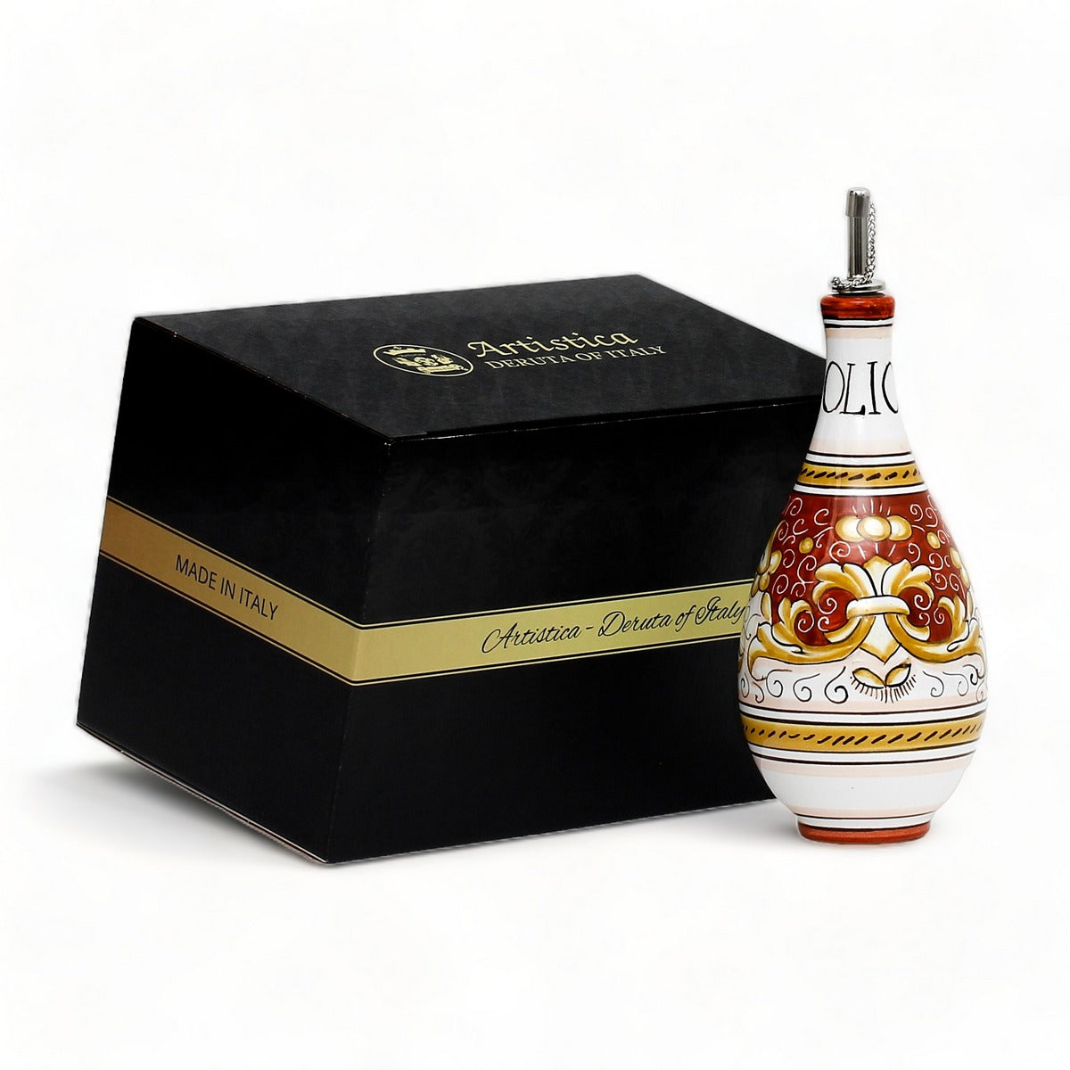 GIFT BOX: With authentic Deruta hand painted ceramic - DERUTA COLORI: OLIVE OIL DISPENSER BOTTLE CORAL RED