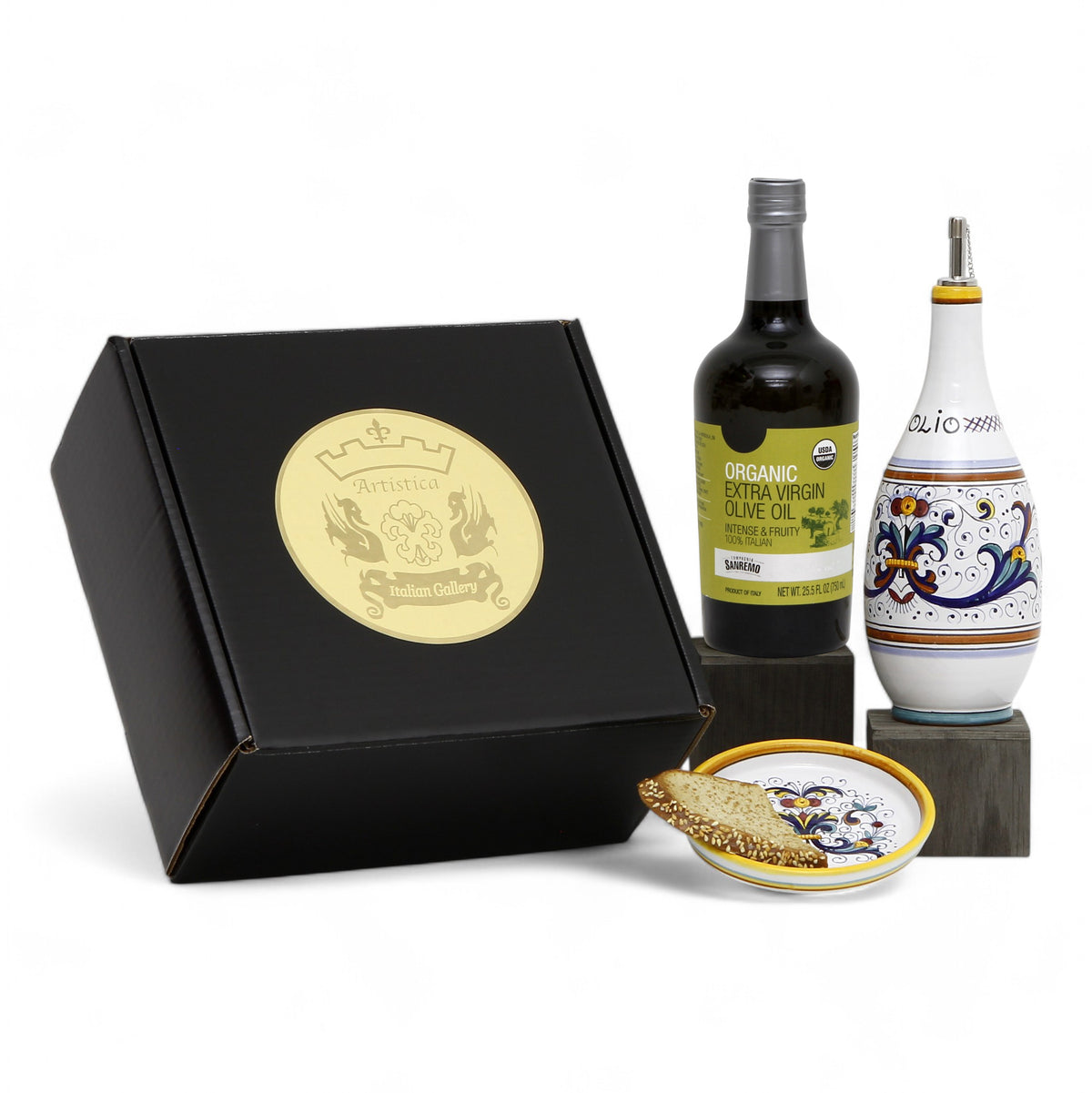 GIFT BOX: With Deruta Olive Oil Dispenser + Saucer/Dipping Bowl + EVOO bottle - RICCO DERUTA design