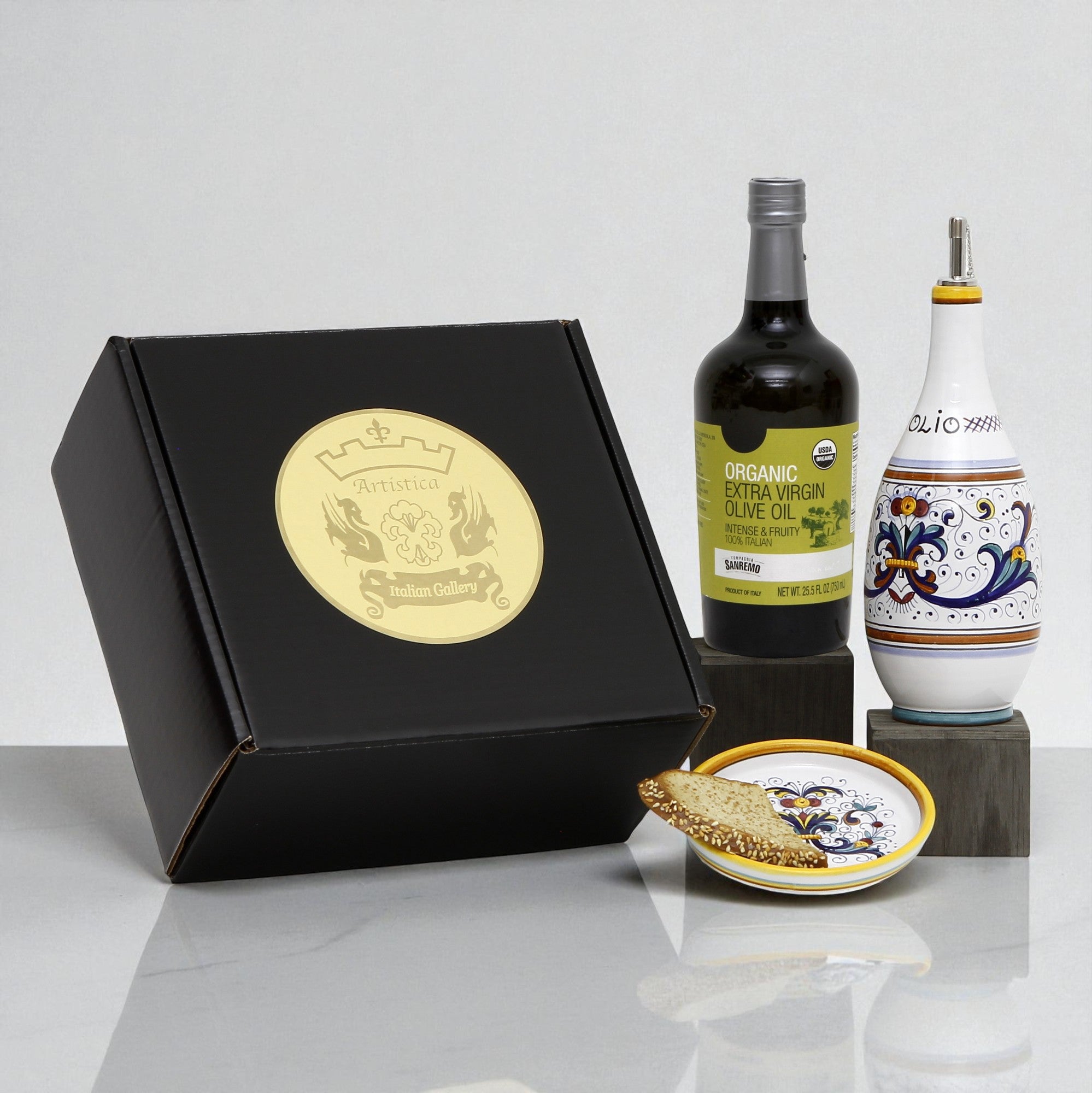 GIFT BOX: With Deruta Olive Oil Dispenser + Saucer/Dipping Bowl + EVOO bottle - RICCO DERUTA design