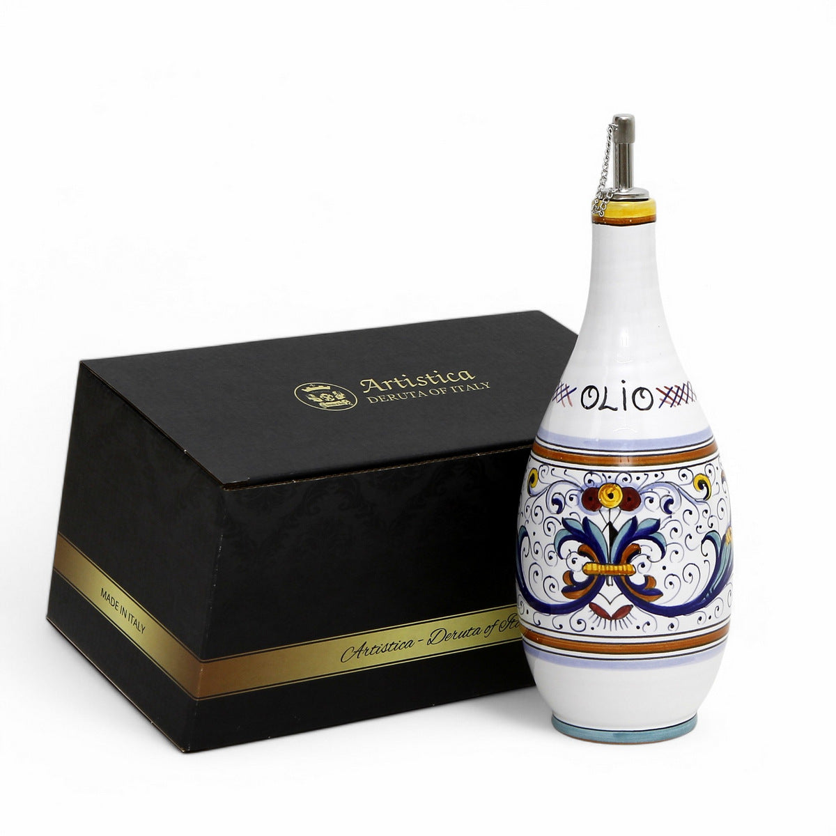 GIFT BOX: With authentic Deruta hand painted ceramic - OLIVE OIL DISPENSER BOTTLE Ricco Deruta Design