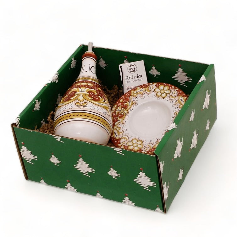 GIFT BOX CHRISTMAS: Green Gift Box with Olive Oil Dispenser Deruta Colori Red and Dipping Tray Set
