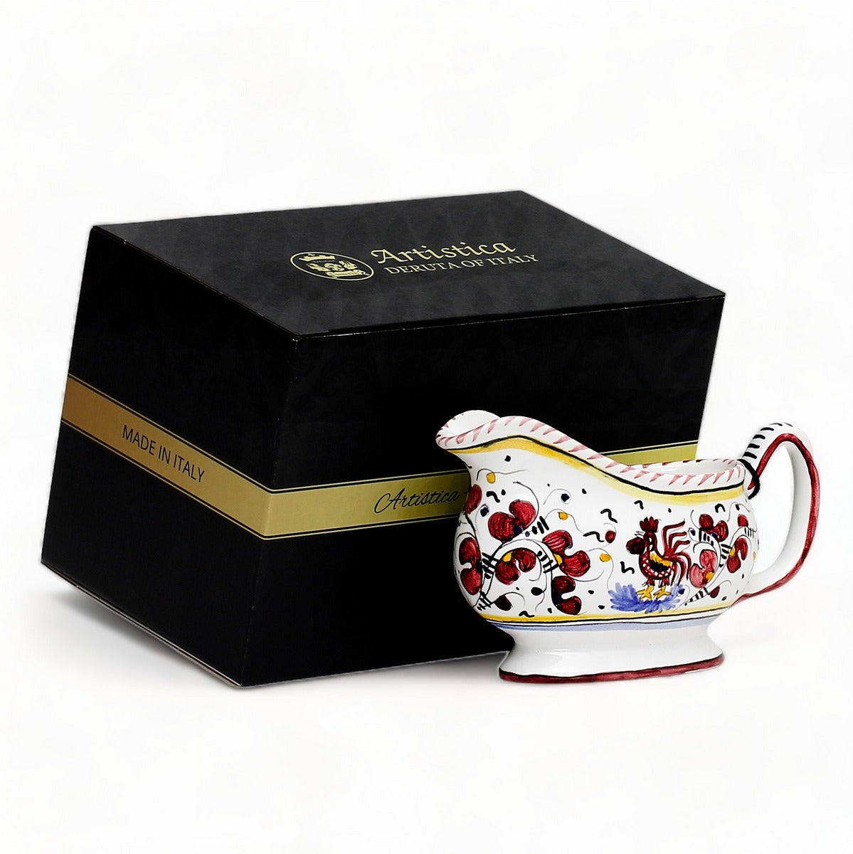 GIFT BOX: With authentic Deruta hand painted ceramic - Gravy Sauce Boat Red Rooster Design
