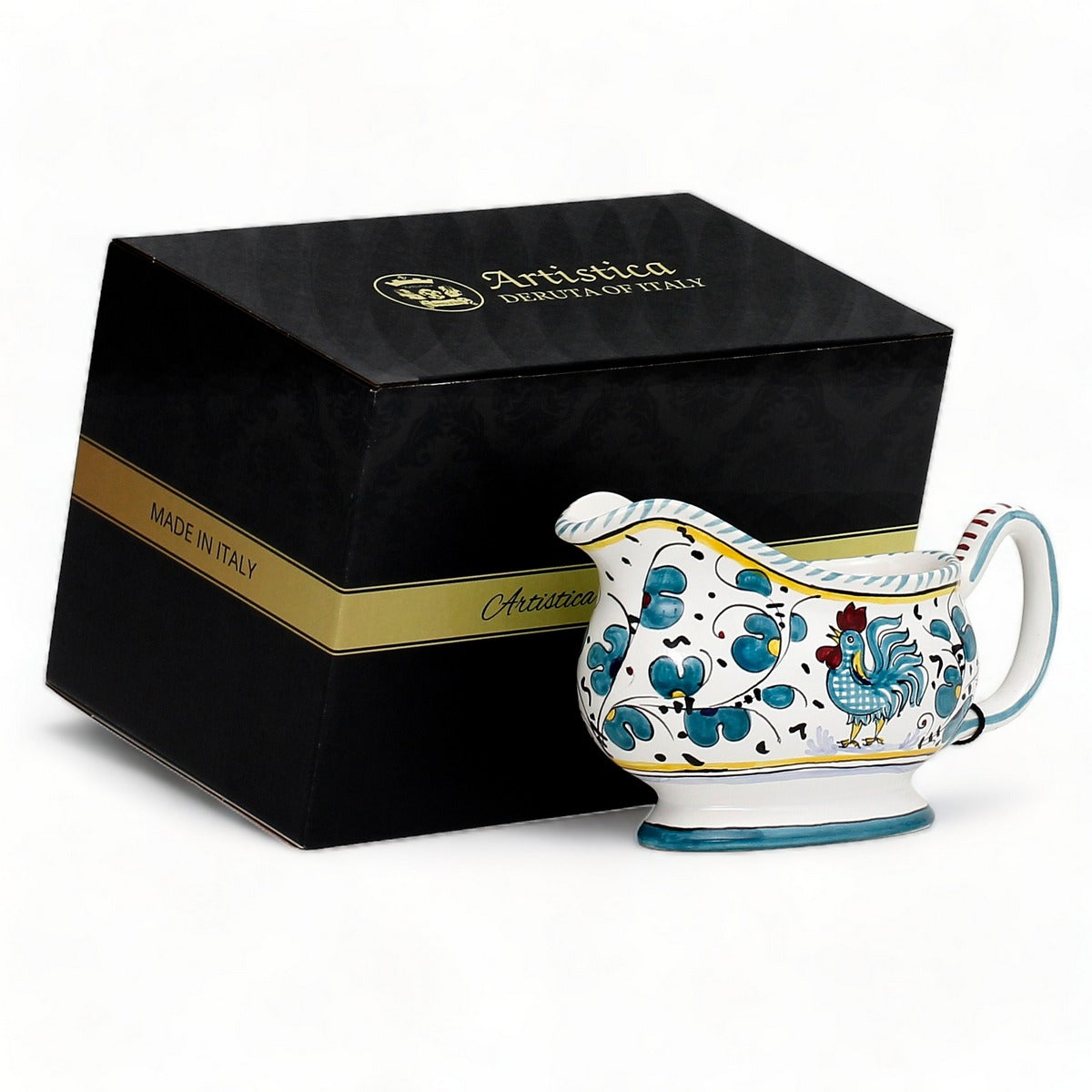 GIFT BOX: With authentic Deruta hand painted ceramic - Gravy Sauce Boat Green Rooster Design
