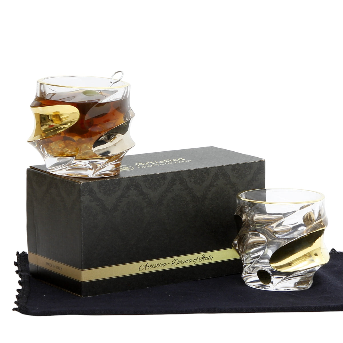GIFT BOX With two Exquisite Italian Crystal Glass for Whiskey/Old Fashion featuring a 24 Carat Gold &amp; Platinum Accents