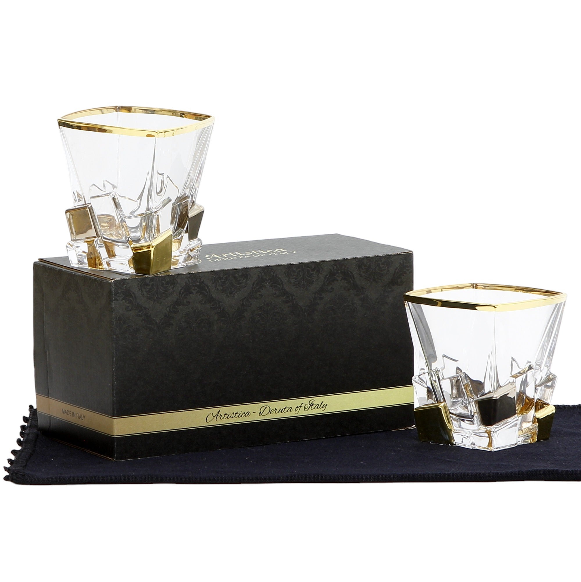 CRYSTAL GLASS: Exquisite Italian Crystal Square Glass for Whiskey/Old Fashion featuring a 24 Carat Gold Rim and Gold/Platinum Accents.