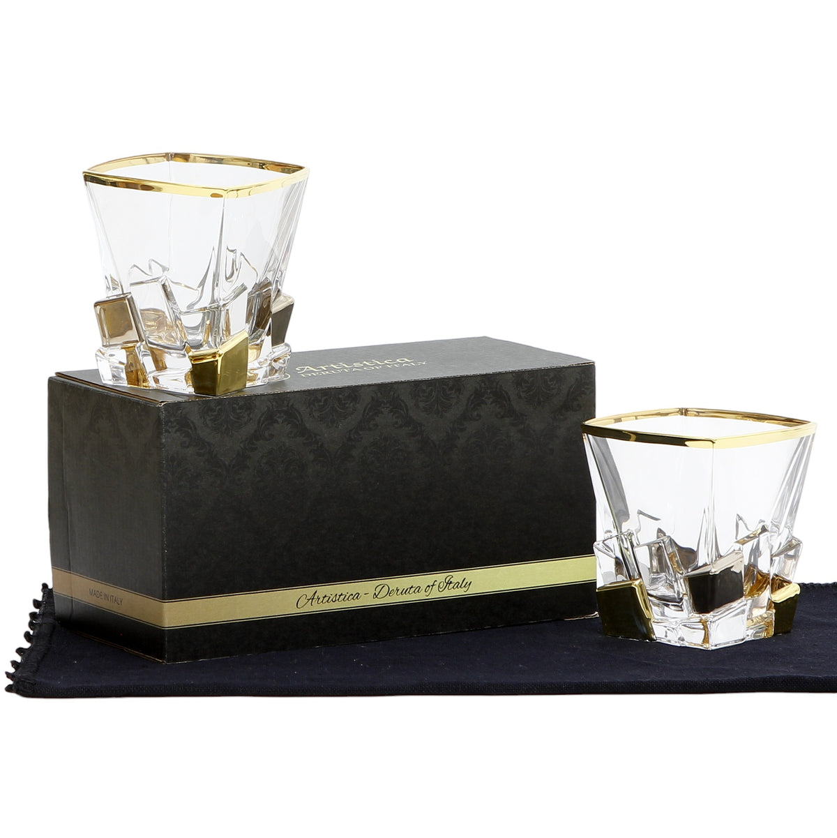 GIFT BOX With two EXQUISITE ITALIAN CRYSTAL SQUARE GLASS FOR WHISKEY/OLD FASHION FEATURING A 24 CARAT GOLD RIM AND GOLD/PLATINUM ACCENTS.