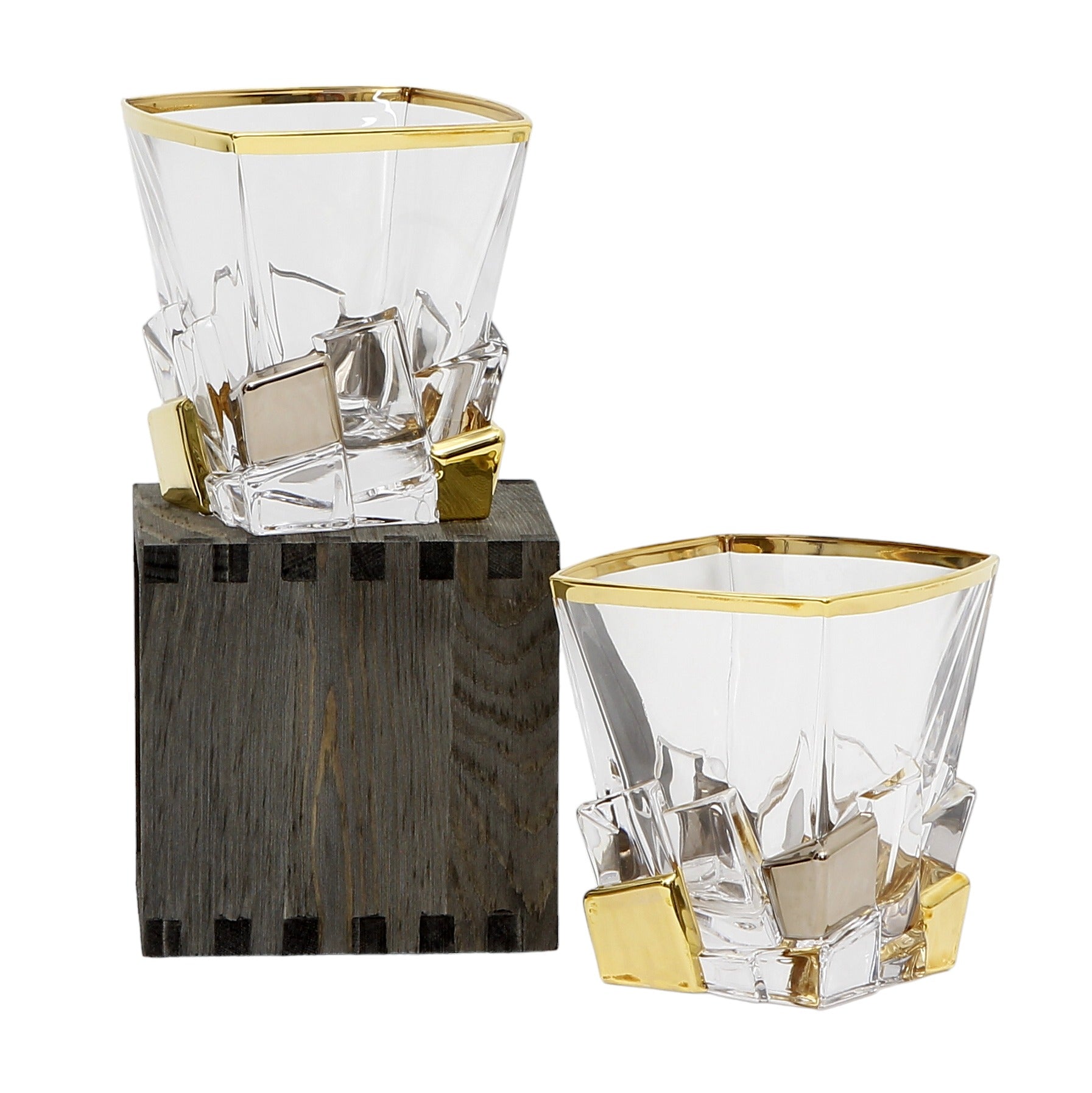 CRYSTAL GLASS: Exquisite Italian Crystal Square Glass for Whiskey/Old Fashion featuring a 24 Carat Gold Rim and Gold/Platinum Accents.