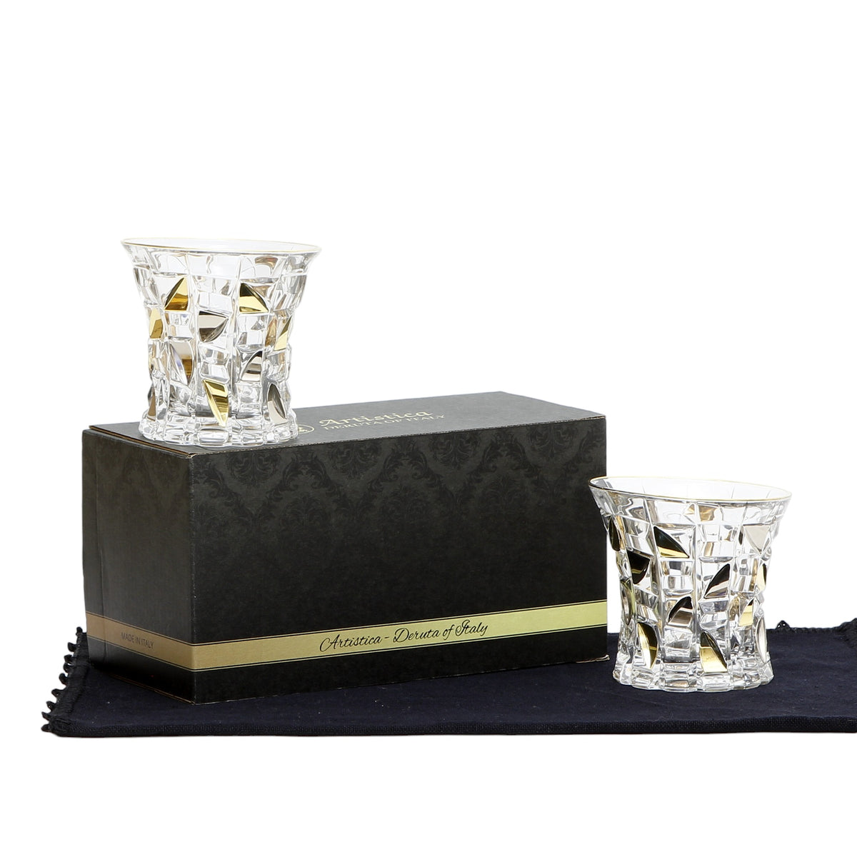 GIFT BOX With two EXQUISITE ITALIAN CRYSTAL FOR WHISKEY/OLD FASHION FEATURING A 24 CARAT GOLD &amp; PLATINUM RIM and ACCENTS