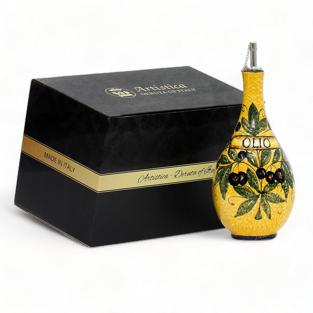 GIFT BOX: With authentic Deruta hand painted ceramic - OLIVE OIL DISPENSER BOTTLE Bucciato Olivo Design