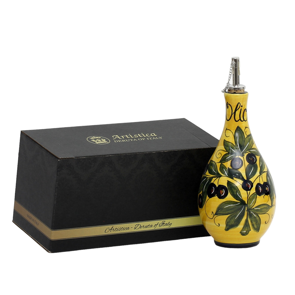 GIFT BOX: With authentic Deruta hand painted ceramic - &#39;OLIO&#39; Bottle Dispenser Olive Fondo Giallo design