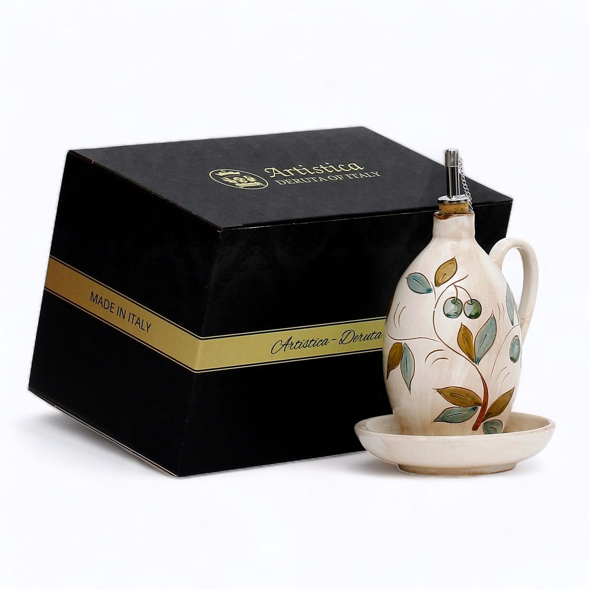 GIFT BOX: With authentic Deruta hand painted ceramic - Olive Oil Dispenser Bottle with Saucer/Dipping Bowl