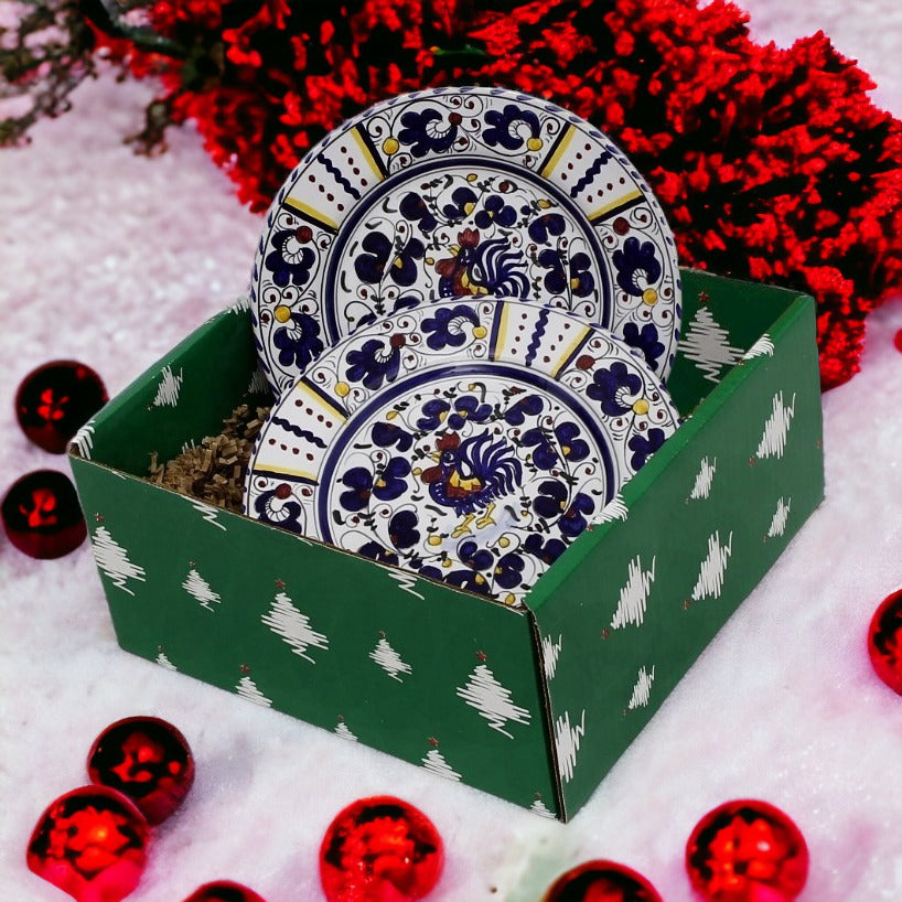 GIFT BOX CHRISTMAS: Green Gift Box with Deruta Blue Rooster Salad Plates (Set of 4 pcs)