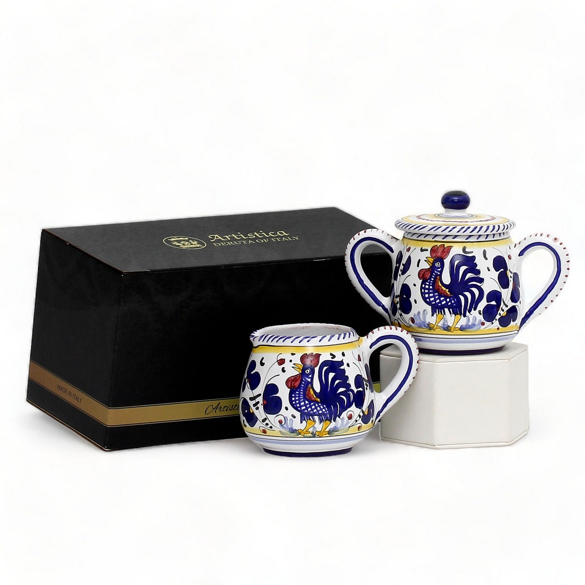 GIFT BOX: With authentic Deruta hand painted ceramic - Cream &amp; Sugar Set Blue Rooster design