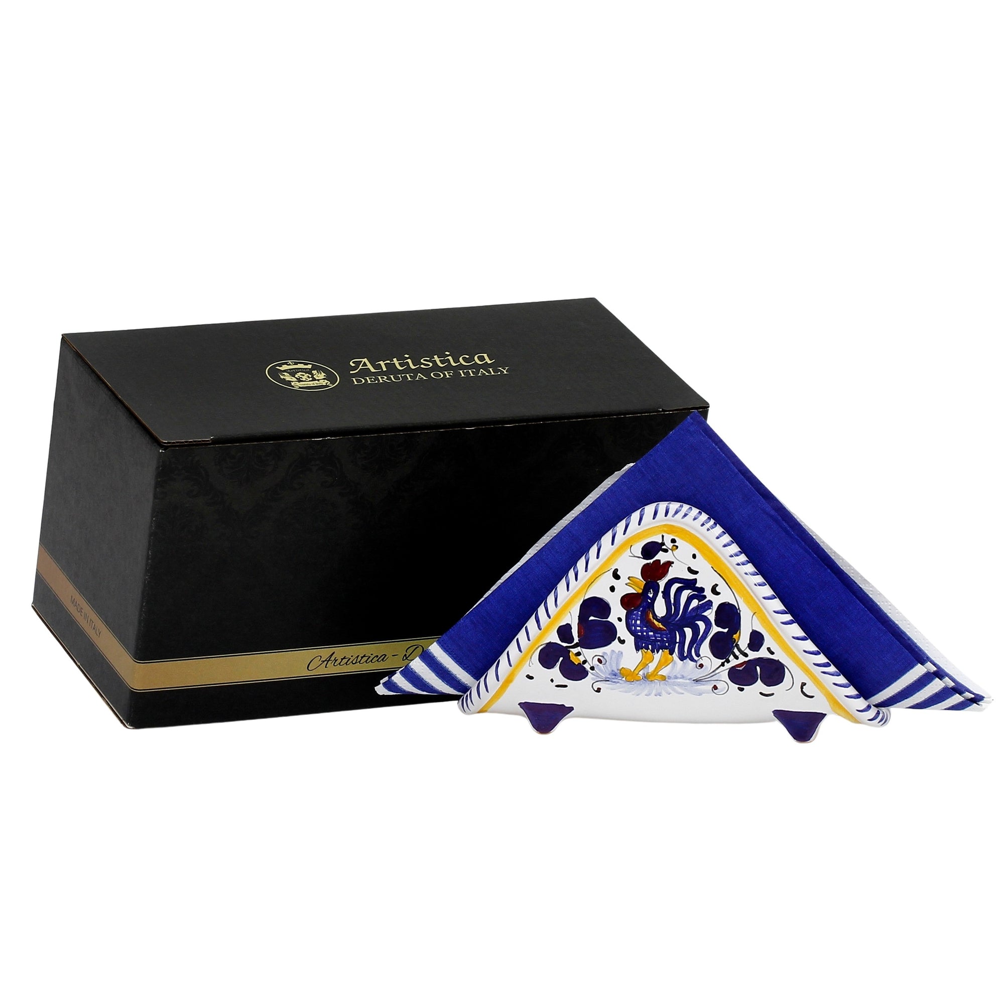 GIFT BOX: With authentic Deruta hand painted ceramic - Napkin Holder Blue Rooster design