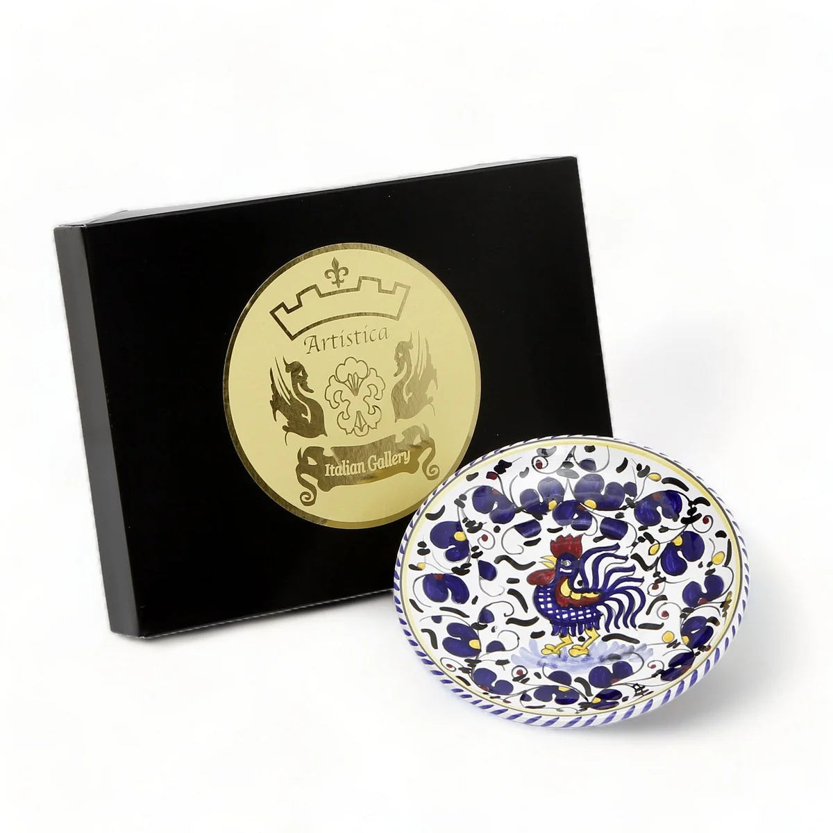 LOVE.ly Deruta Small Round Plate with 12 Baci Perugina - ORVIETO BLUE ROOSTER design