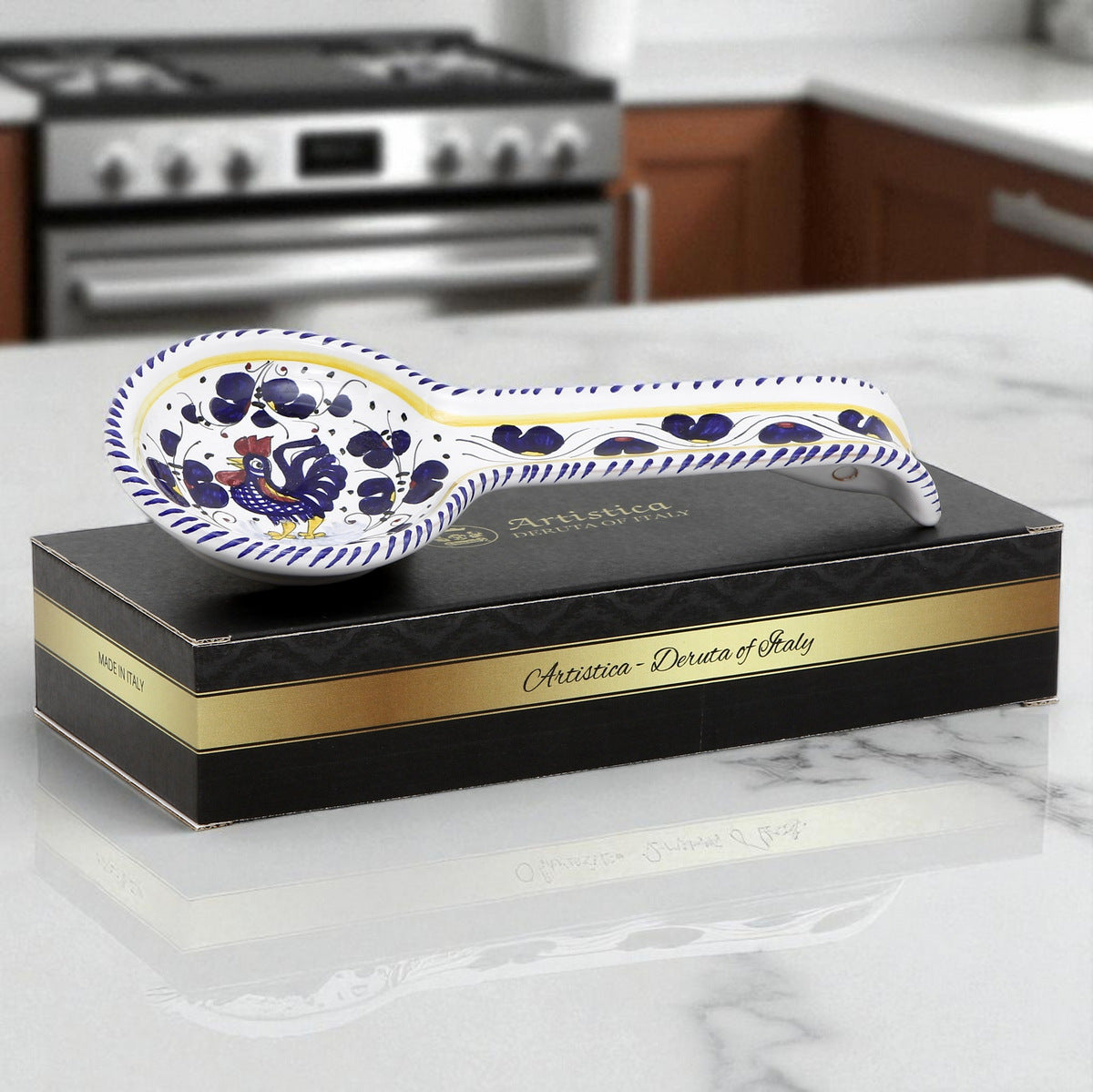 GIFT BOX: With authentic Deruta hand painted ceramic - ORVIETO BLUE ROOSTER: Spoon rest