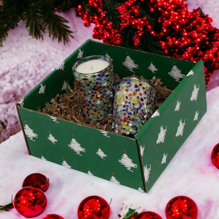 GIFT BOX CHRISTMAS: Green Gift Box with Murano Glass Candles LG. 14 Oz(Set of 2 pcs)