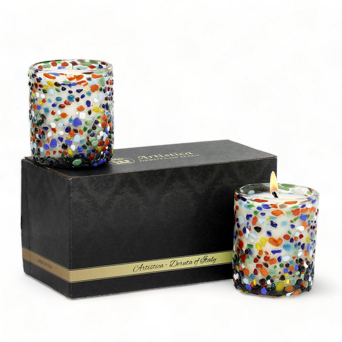 GIFT BOX: With two Murano Confetti Style Glass Unscented Candles