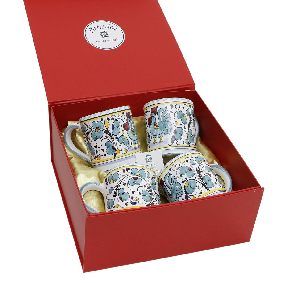 GIFT BOX: DeLuxe Glossy Red Gift Box with Green Rooster Mugs 10 Oz. (Set of 4 pcs)