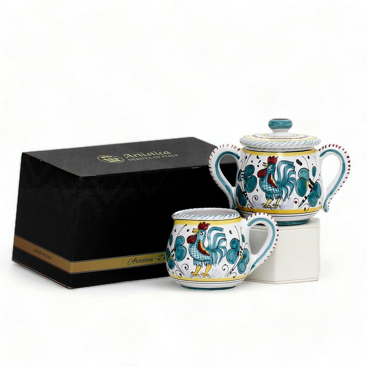GIFT BOX: With authentic Deruta hand painted ceramic - Cream & Sugar Set Green Rooster design