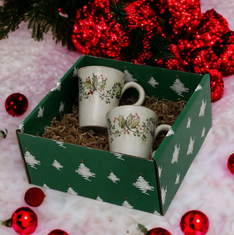 GIFT BOX CHRISTMAS: Green Gift Box with Arte Italica Medici Festivo Mug (14 Oz.) (Set of 2 pcs)