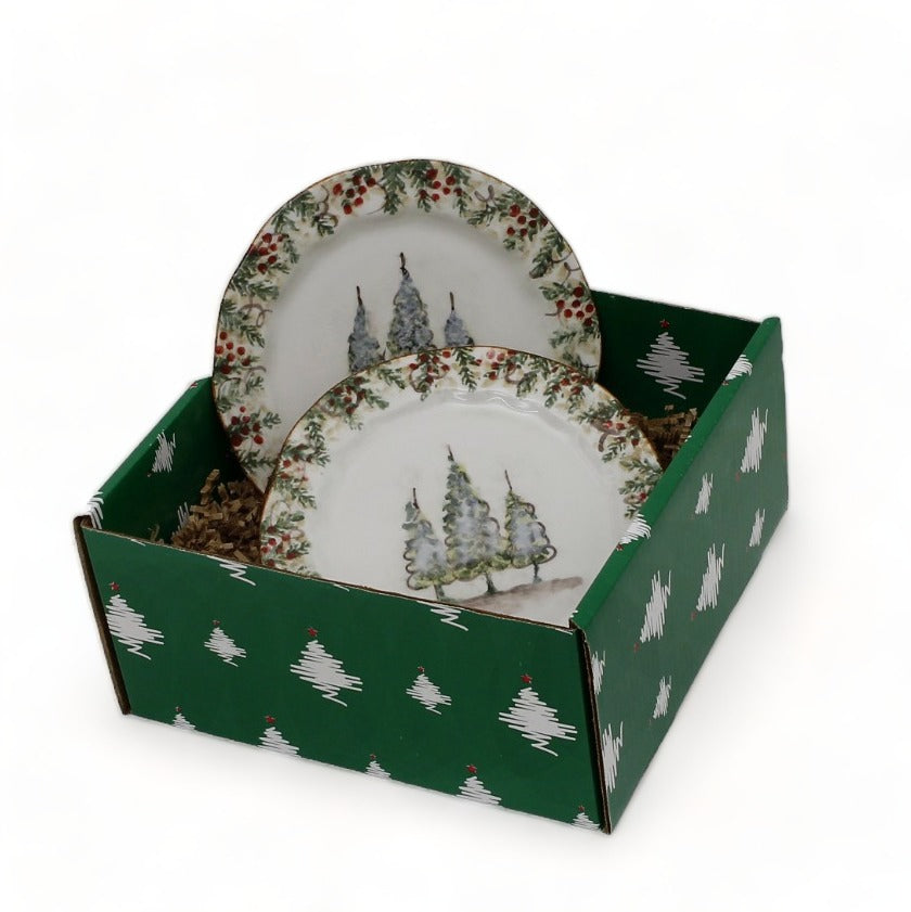 GIFT BOX CHRISTMAS: Green Gift Box with Arte Italica Natale Salad Plates (Set of 4 pcs)
