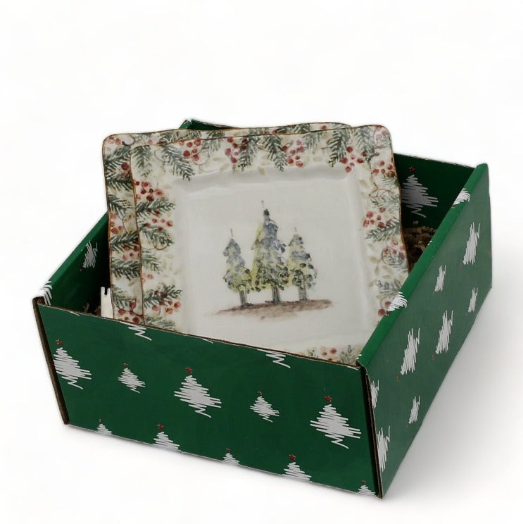 GIFT BOX CHRISTMAS: Green Gift Box with Arte Italica Natale Square Salad Plates (Set of 4 pcs)