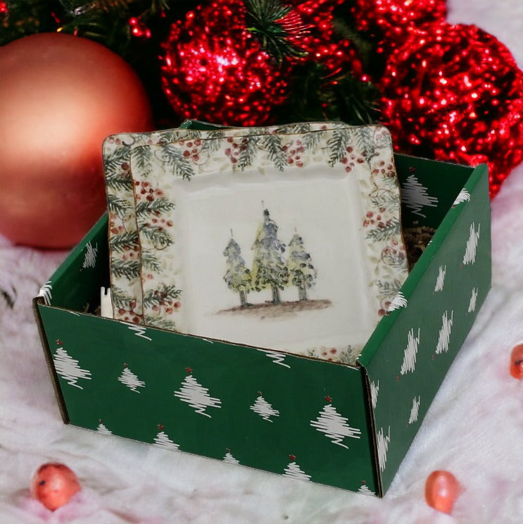 GIFT BOX CHRISTMAS: Green Gift Box with Arte Italica Natale Square Salad Plates (Set of 4 pcs)