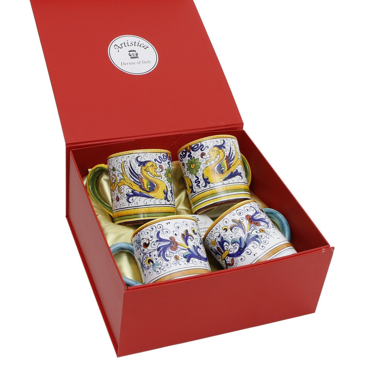 GIFT BOX: DeLuxe Glossy Red Gift Box with Ricco Deruta and Raffaellesco Mugs 10 Oz. (Set of 4 pcs)