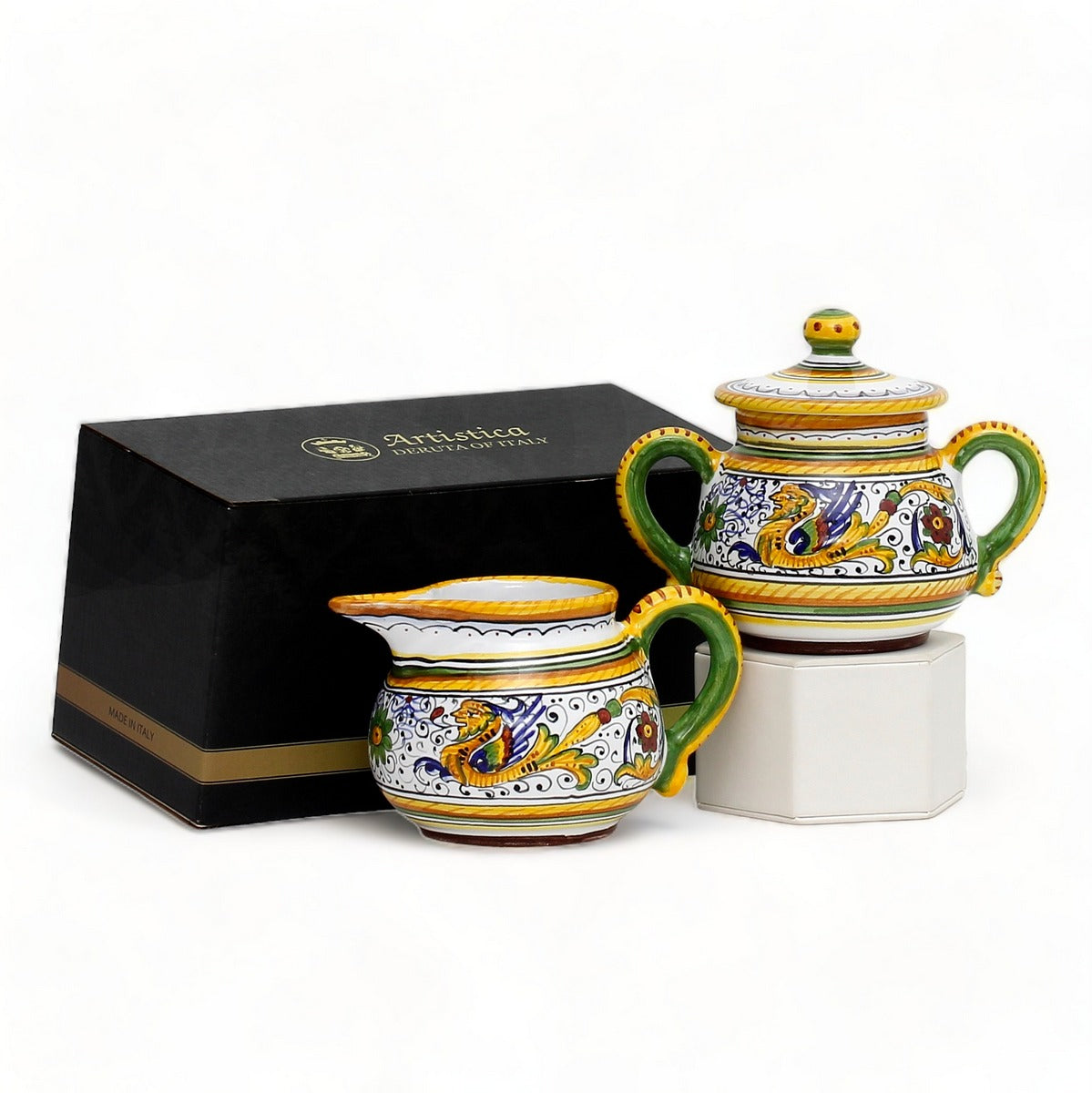GIFT BOX: With authentic Deruta hand painted ceramic - Cream &amp; Sugar Raffaellesco design