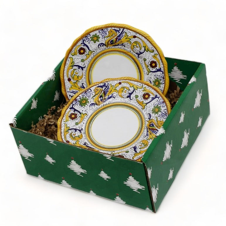GIFT BOX CHRISTMAS: Green Gift Box with Deruta Raffaellesco Deluxe White Center Salad Plates (Set of 4 pcs)