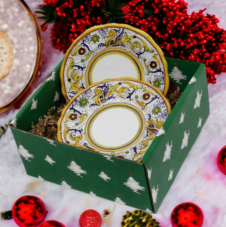GIFT BOX CHRISTMAS: Green Gift Box with Deruta Raffaellesco Deluxe White Center Salad Plates (Set of 4 pcs)