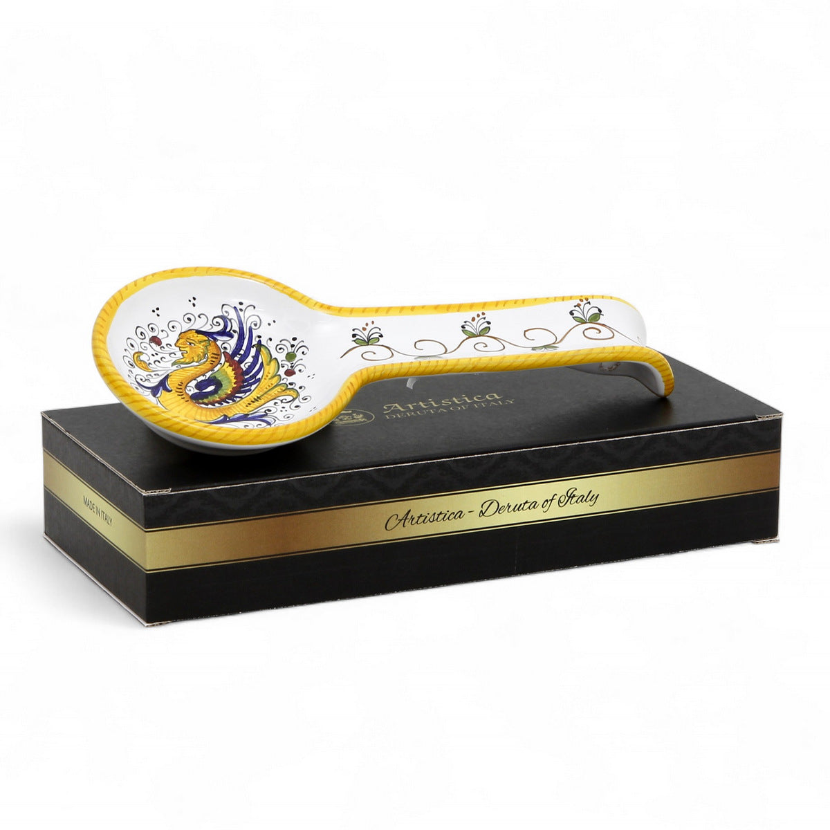 GIFT BOX GOLD LOGO: With authentic Deruta hand painted ceramic - RAFFAELLESCO: Spoon rest