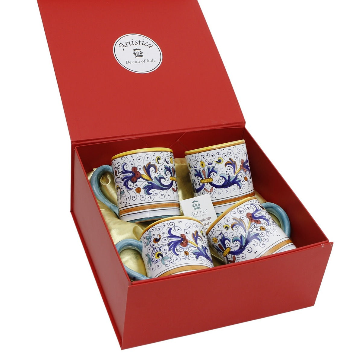 GIFT BOX: DeLuxe Glossy Red Gift Box with Ricco Deruta Mugs 10 Oz. (Set of 4 pcs)
