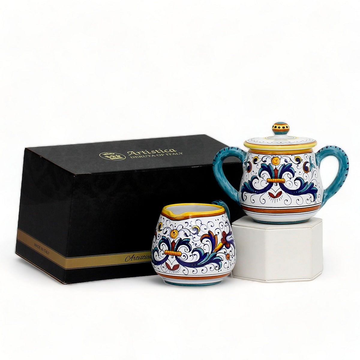 GIFT BOX: With authentic Deruta hand painted ceramic - Cream &amp; Sugar Ricco Deruta Rooster design