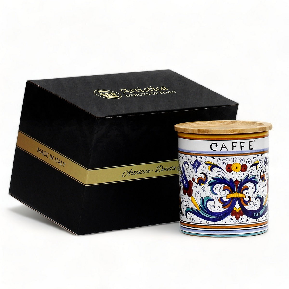 GIFT BOX: With authentic Deruta hand painted ceramic - NEW! Coffee Canister with Bamboo Sealing Lid Ricco Deruta Design