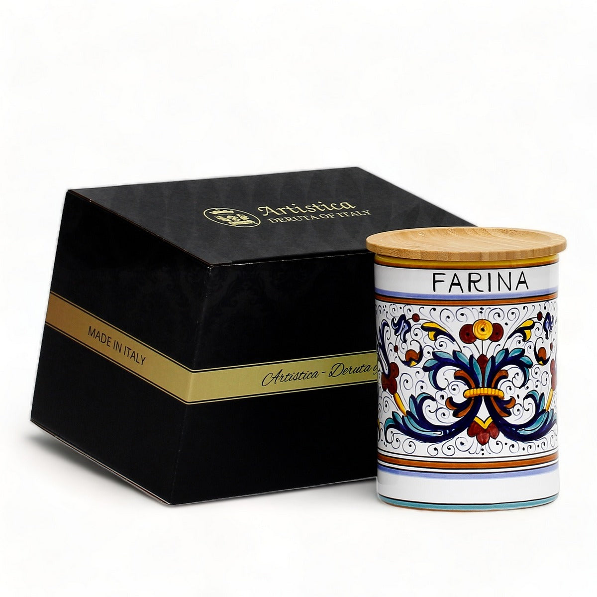 GIFT BOX: With authentic Deruta hand painted ceramic - NEW! Farina (Flour) Canister with Bamboo Sealing Lid Ricco Deruta Design