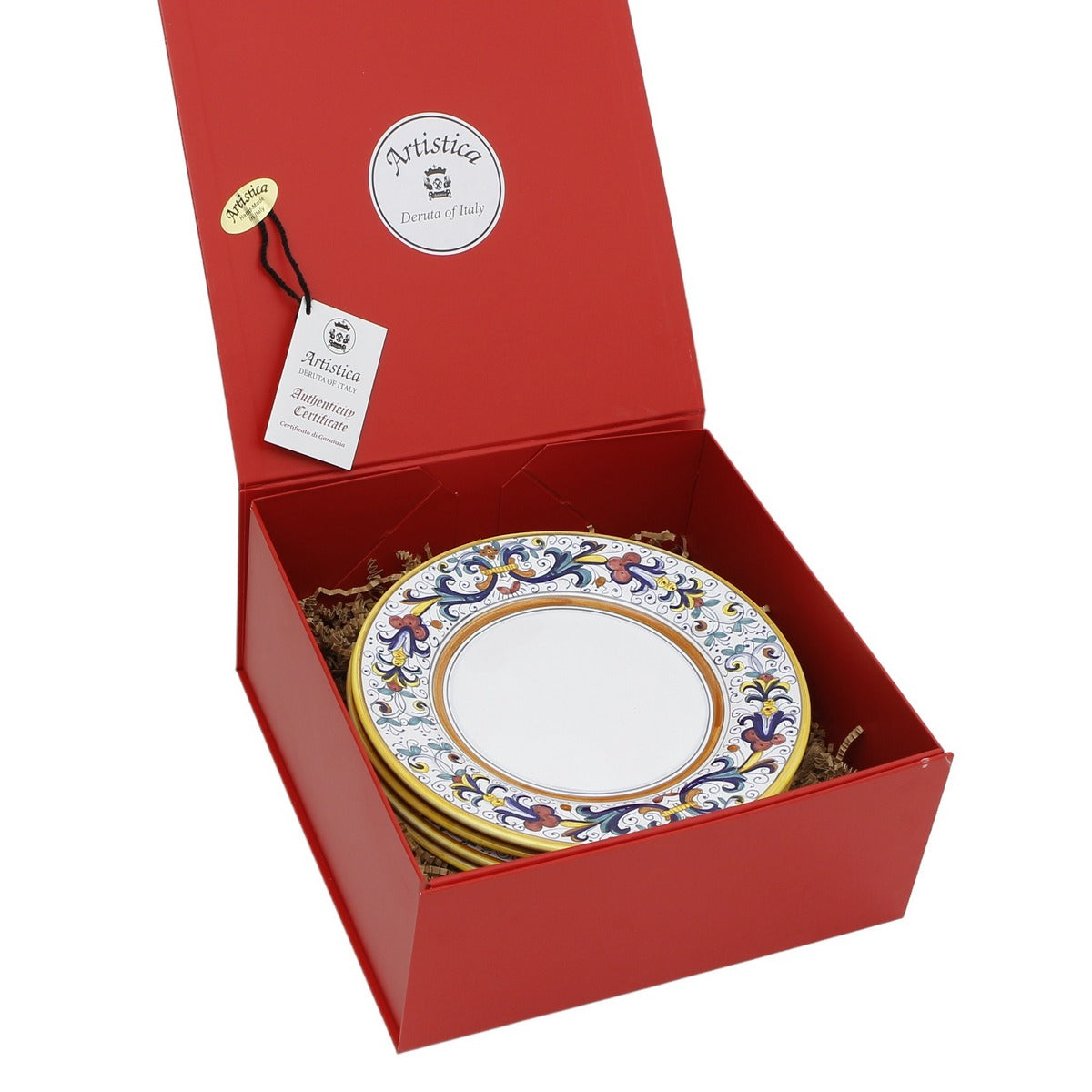 GIFT BOX: DeLuxe Glossy Red Gift Box with Ricco Deruta White Center Salad Plates (Set of 4 pcs)