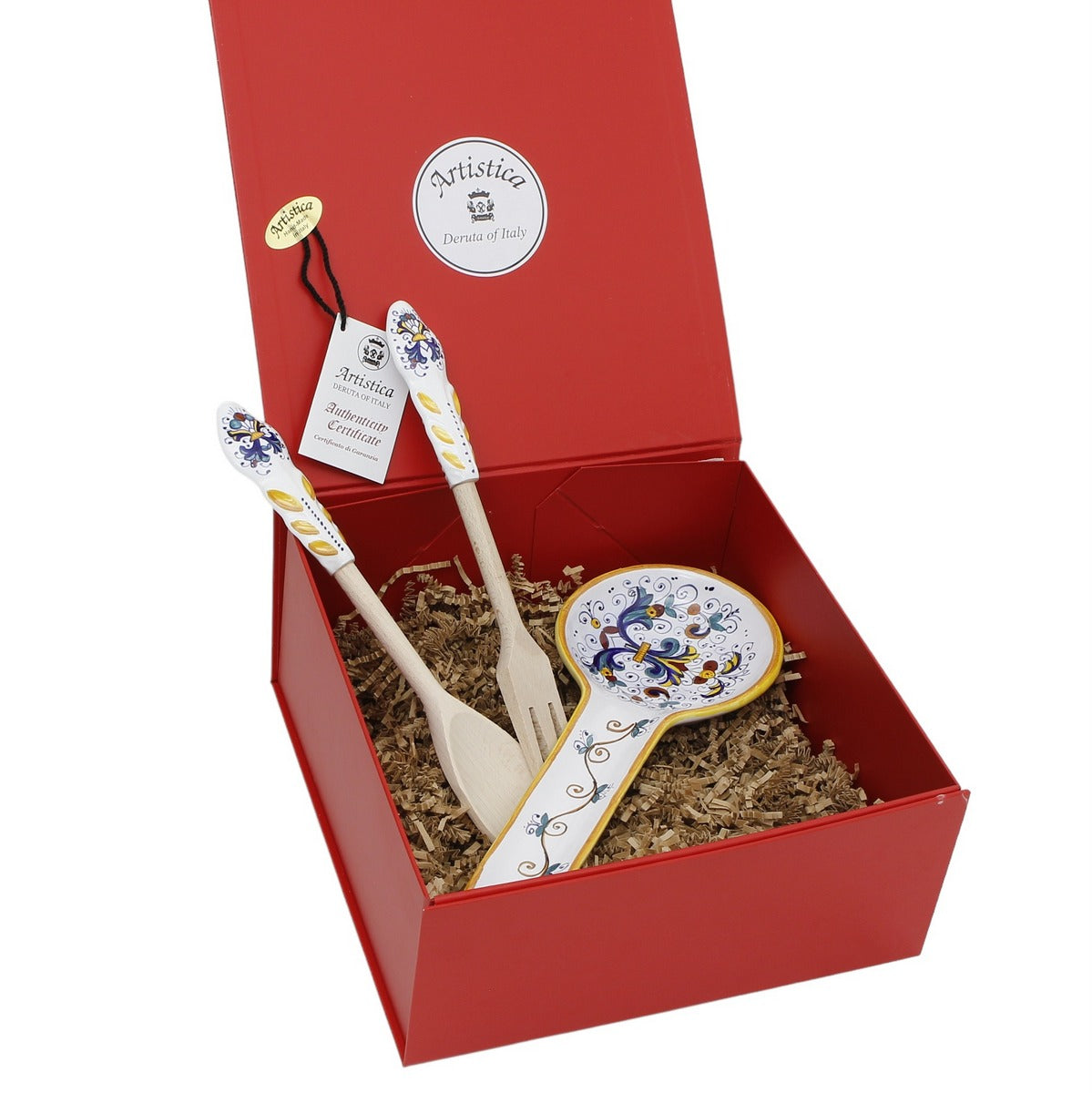 GIFT BOX: DeLuxe Glossy Red Gift Box with Spoon rest + Pair of Utensils in Ricco Deruta Design (Set as shown)