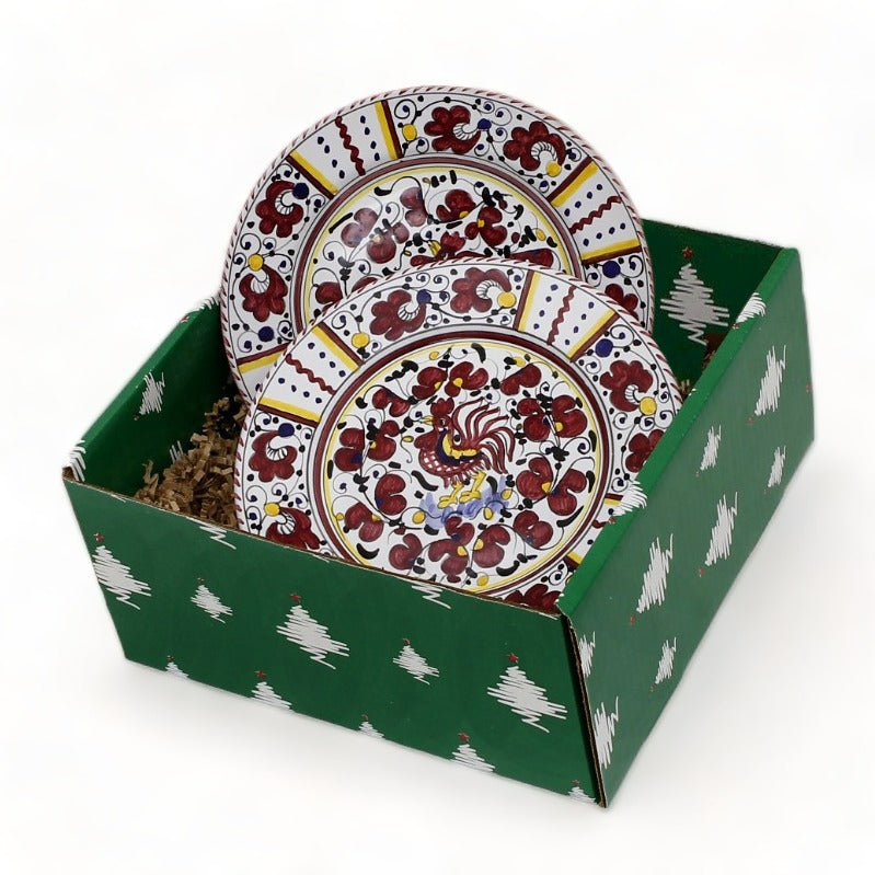 GIFT BOX CHRISTMAS: Green Gift Box with Deruta Red Rooster Salad Plates (Set of 4 pcs)